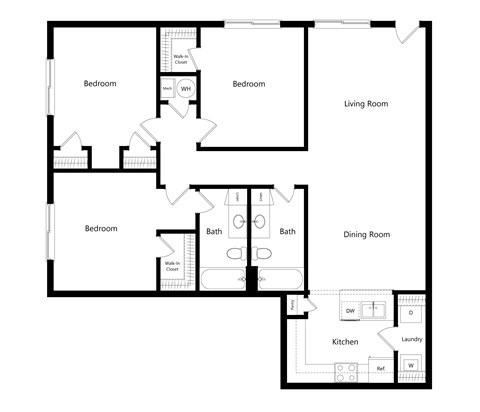 A floor plan of a house with labeled rooms such as Bedroom, Living Room, Dining Room, Kitchen, and Bath.
